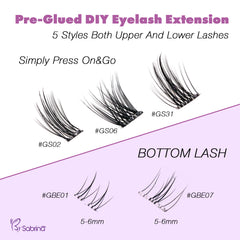 Hybrid Look Pre-Glued Lash Kit with 5 Styles Include Lower Lashes/Non-Sticky Tweezers