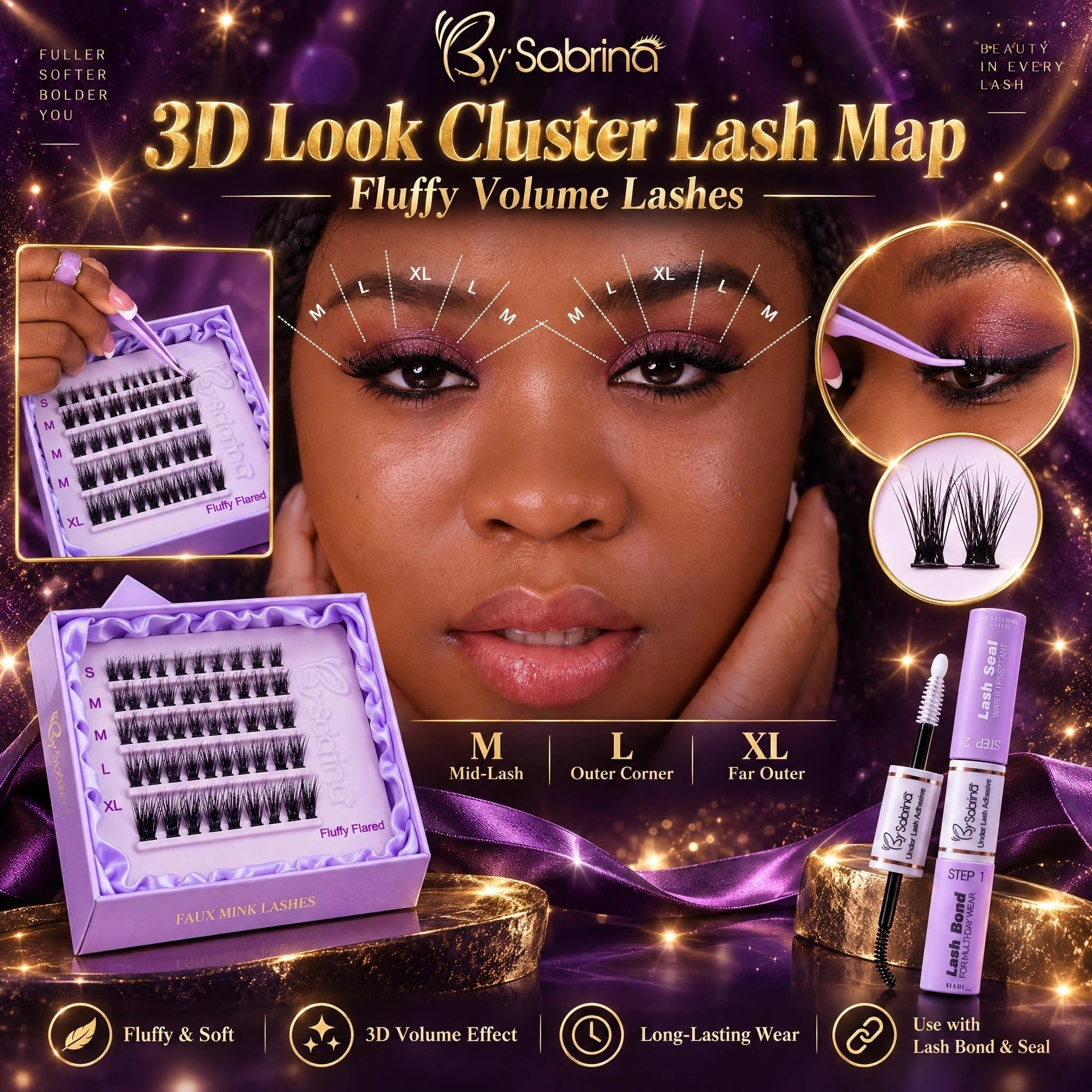 BY SABRINA Professional DIY Segment Lash Set – Fluffy Flared Volume, 4-in-1 “Royal Majesty” Kit + Free W-Strip Gift