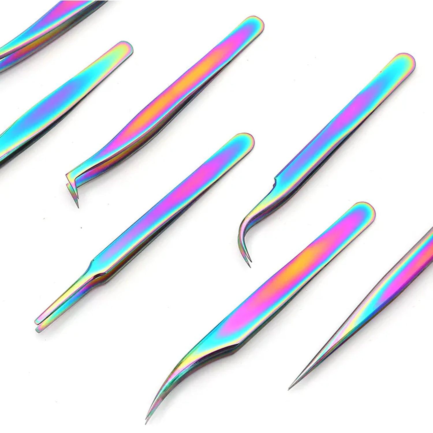 Set of 7 stainless steel eyelash extension tweezers for volume eyelash extensions