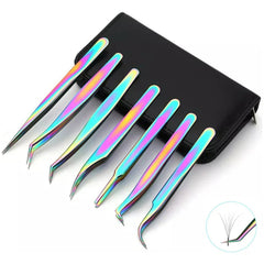 Set of 7 stainless steel eyelash extension tweezers for volume eyelash extensions